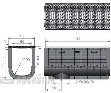 Купить Лоток водоотводный Аквасток пластиковый ЛВП PROFI DN300 в комплекте с решеткой DN300 C250 "Косичка" - изображение 2